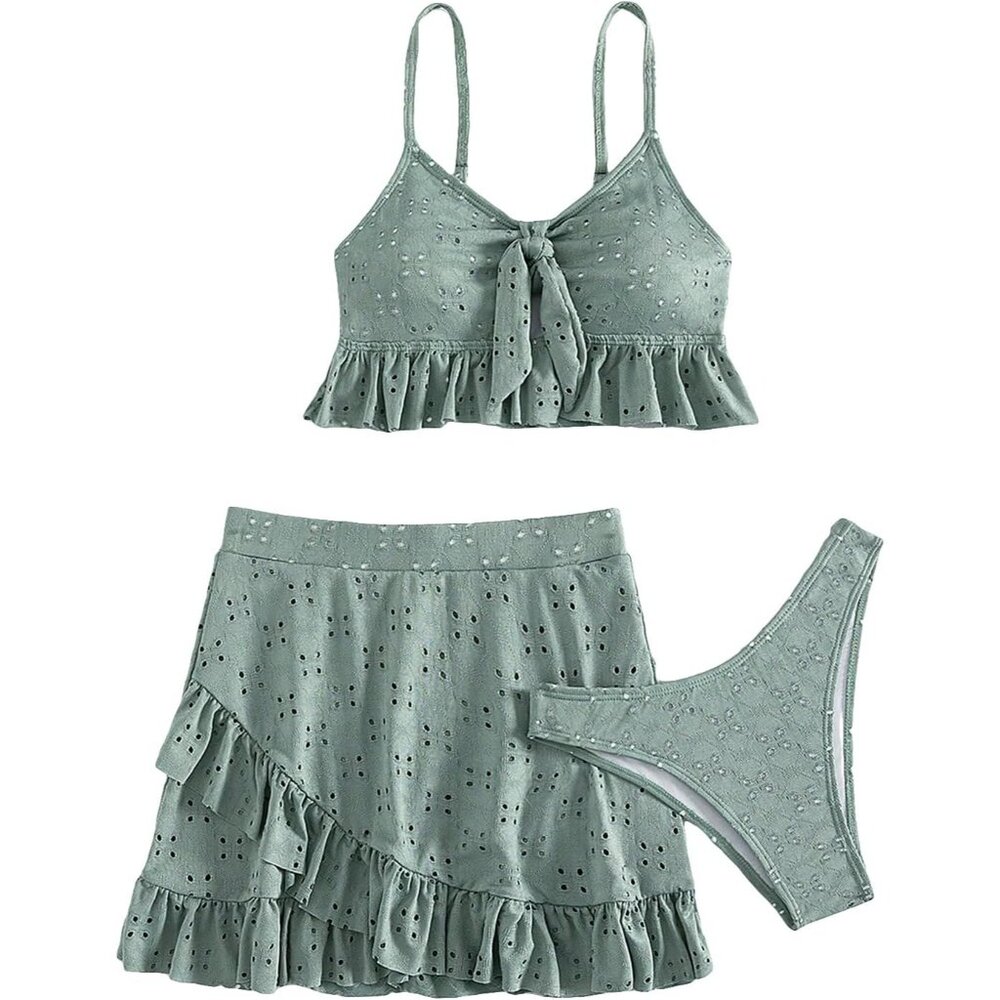 ✨Women Green Ruffle Tie Front Bikini 3 Piece High Cut Swimsuit Bathing Suit
